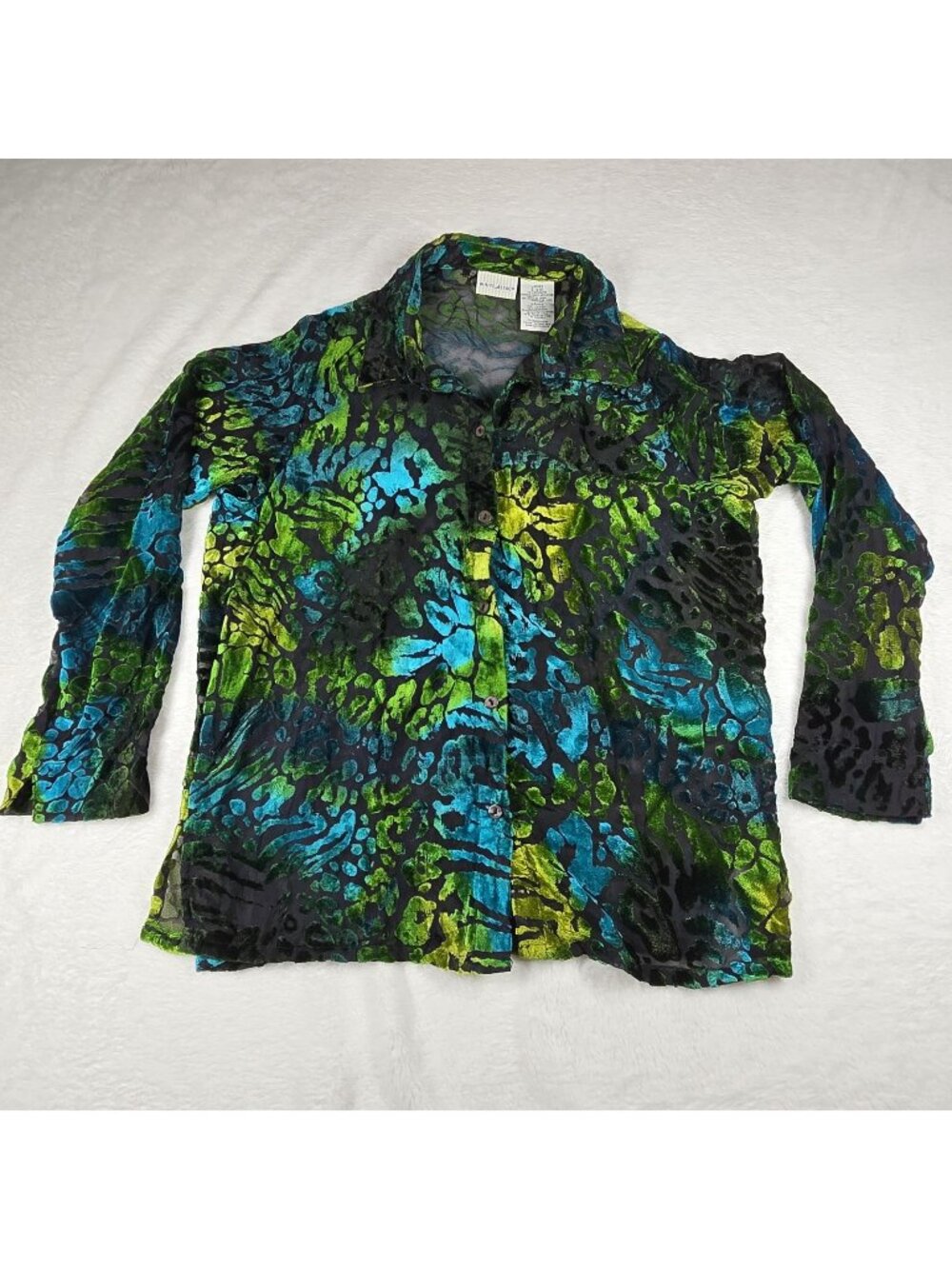 VTG White Stag Crushed Velvet Button Down Blouse Cheetah Peacock Women's Small